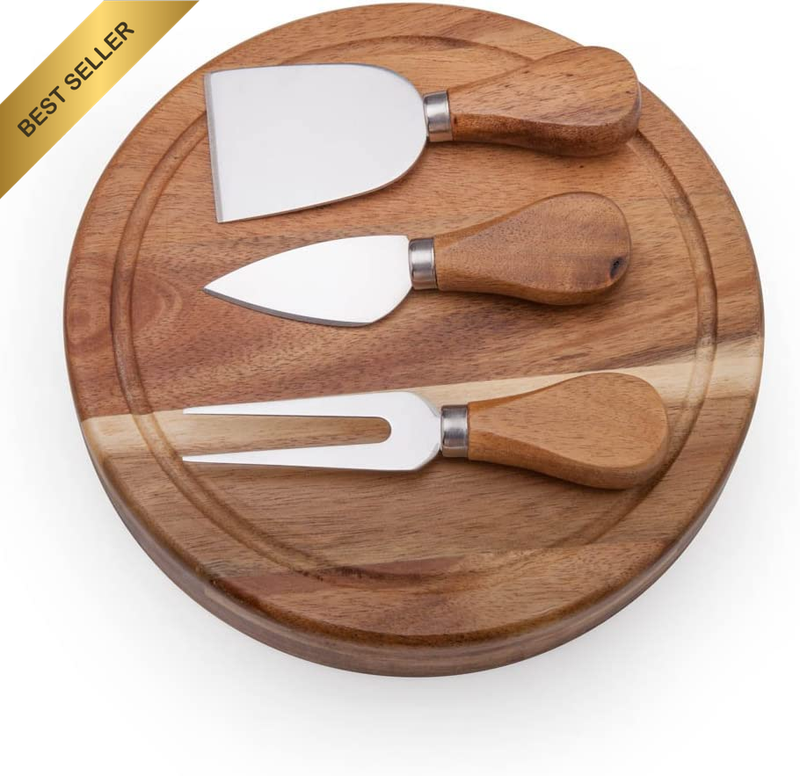 round Slide-Out Acacia Wood Cheese Board and 3 Piece Cheese Tool Set, 7.5 Inch D
