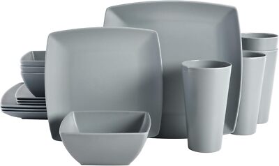 Gray Melamine Dishware Set for Four 16 Pieces Indoor Outdoor Use