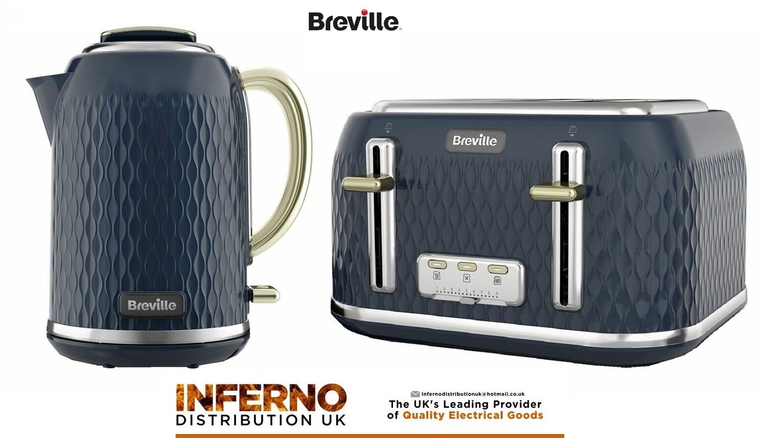 BREVILLE Curve Cube Jug Kettle and 4 Slice Matching Toaster Set Navy