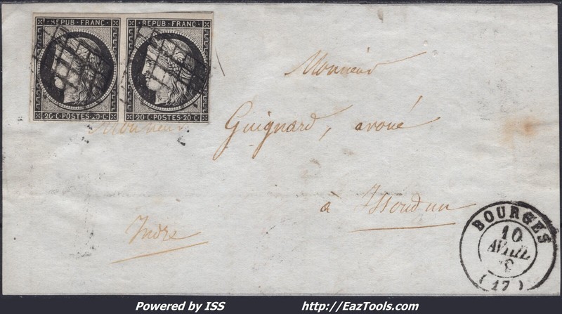 France Ceres Paire NÂ°3a Sur Fragment Grille + Cad Type 15 Bourges Du 10/04/1849