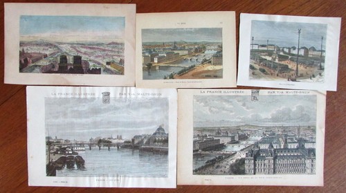Paris France c.1850-1875 birds-eye views old prints lot x 5 hand colored panoram