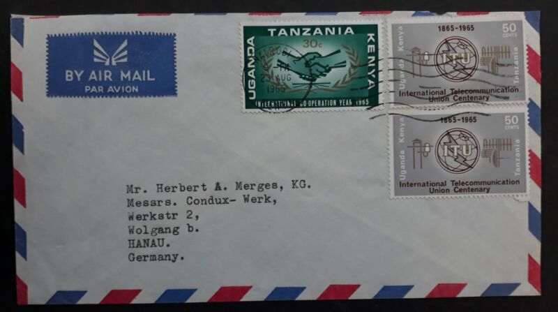 1965 Uganda Kenya Tanzania Airmail Cover ties 3 stamps cd Nairobi to Hanau