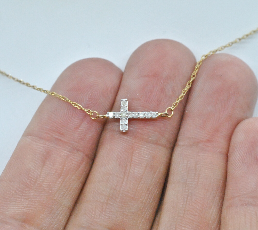 $375 10K Y. Gold Diamond Sideways Cross .10ctw Petite Pendant & 18 Inch Necklace