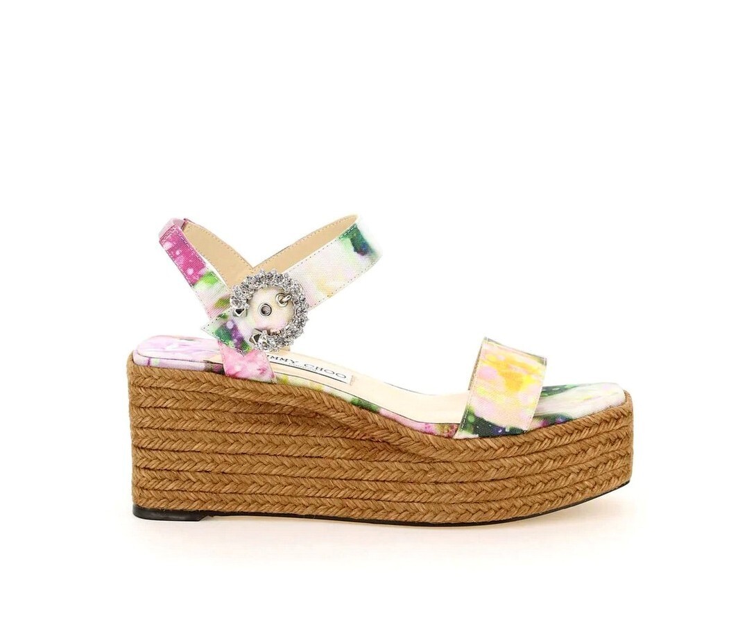 Pre-owned Jimmy Choo Mirabelle 70 Fabric Crystal Buckle Wedge Espadrille Sandal Eu 37 Us 7 In Multicolor