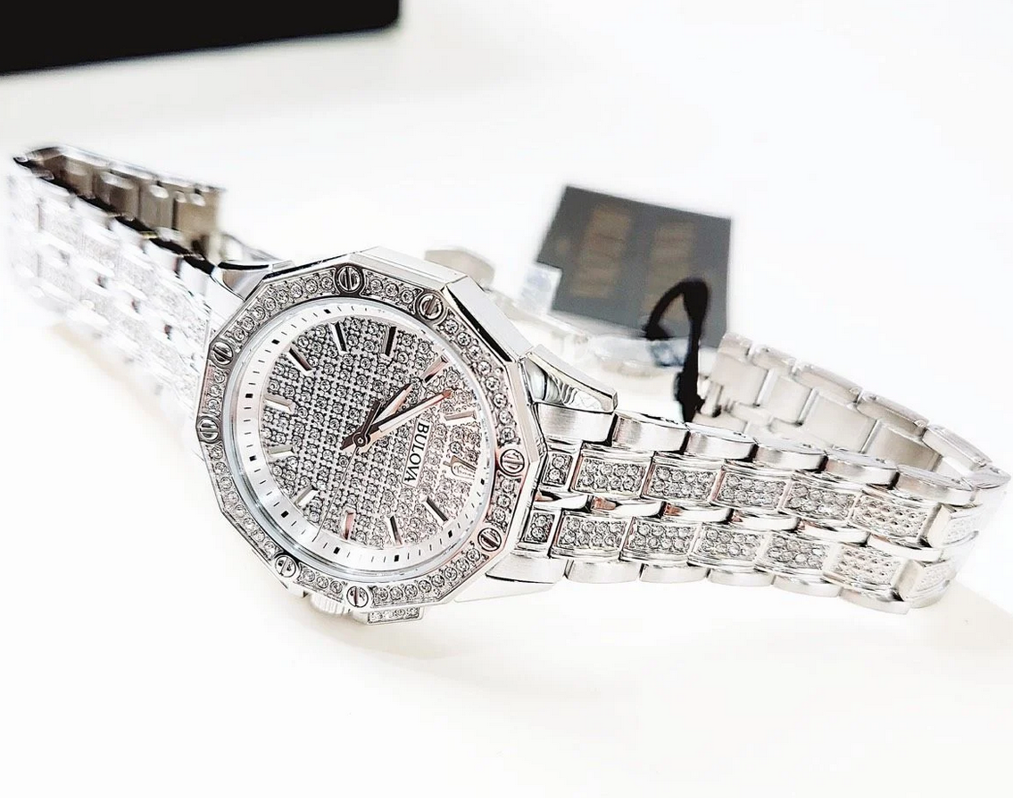 Pre-owned Bulova Octava Crystal Silver White Dial Dress Women's Watch 96l305