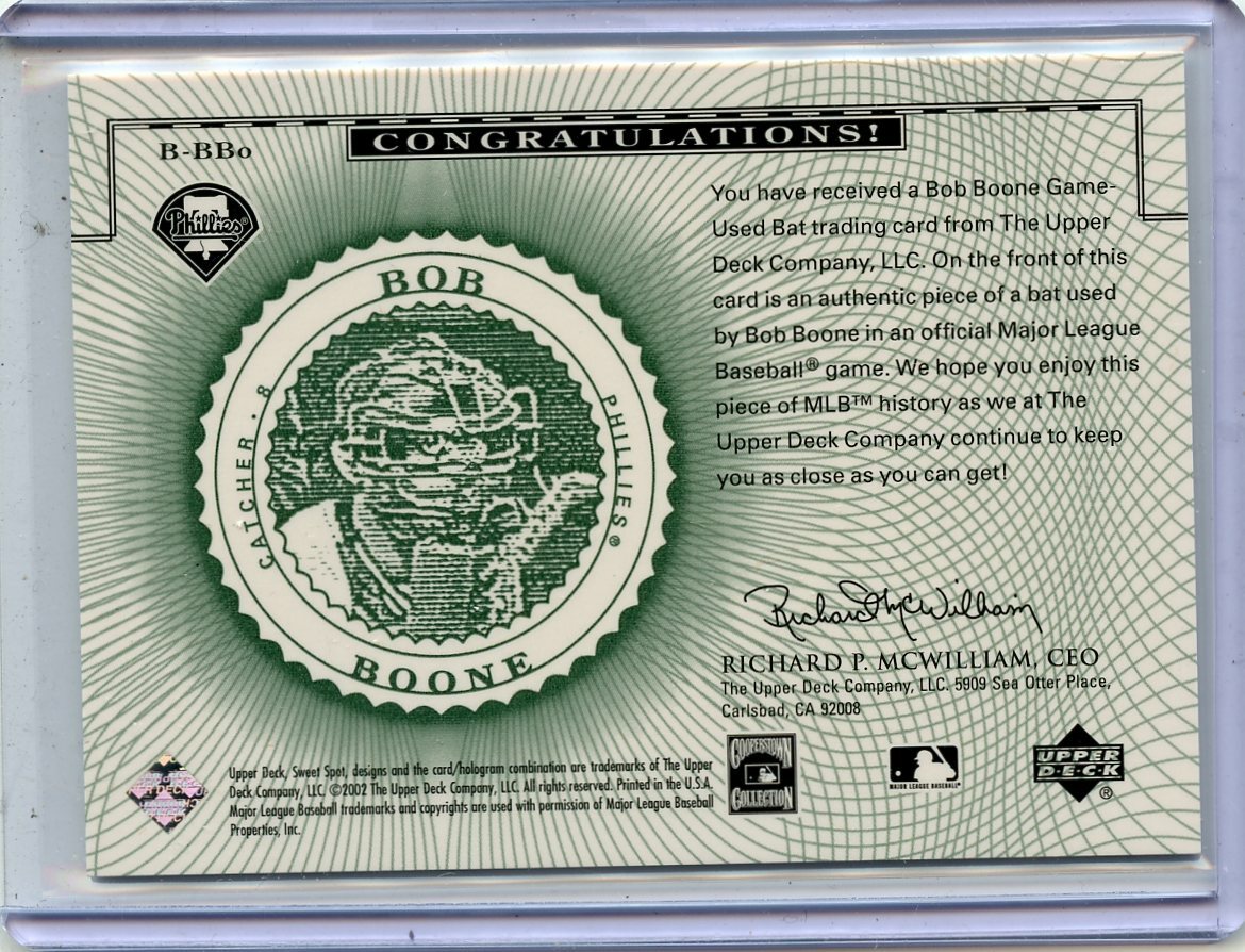 2002 UD SWEET SPOT CLASSICS #B-BBo BOB BOONE GAME-USED BAT PHILLIES NM