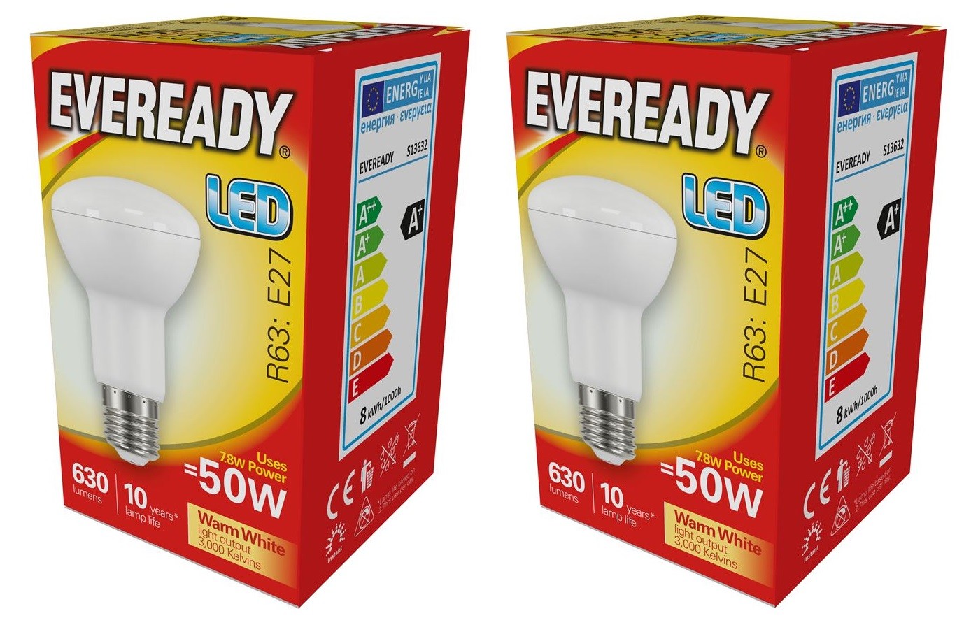 x 2 Eveready 7.8w (=50w) LED Opal R63 Bulb Edison Screw (ES) Warm