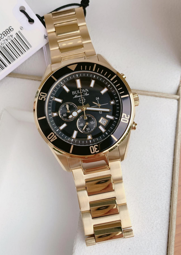 Pre-owned Bulova Marine Star Gold Tone Men's Black Dial Chronograph Watch 98b250