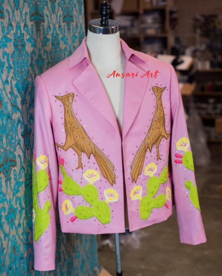 Pre-owned Art Men's 2 Piece Pink Country Western Embroidered Designer Blazer & Pant Suit Set