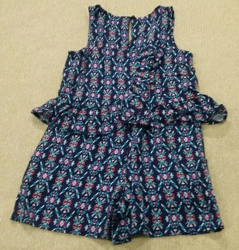 ART CLASS ROMPER XS 4/5 Blue Multicolor Sleeveless Ruffle Pockets Keyhole Back