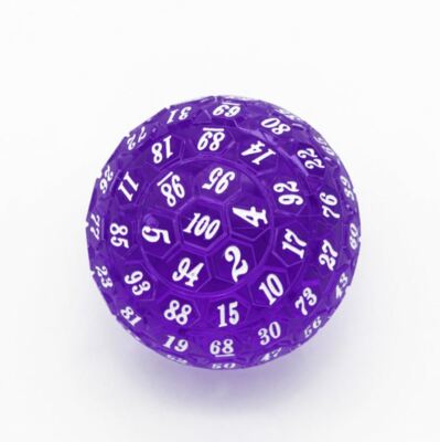 d100 Purple and White 100 Sided Die, D100 Game Dice, 100 Sides DnD RPG AD&D