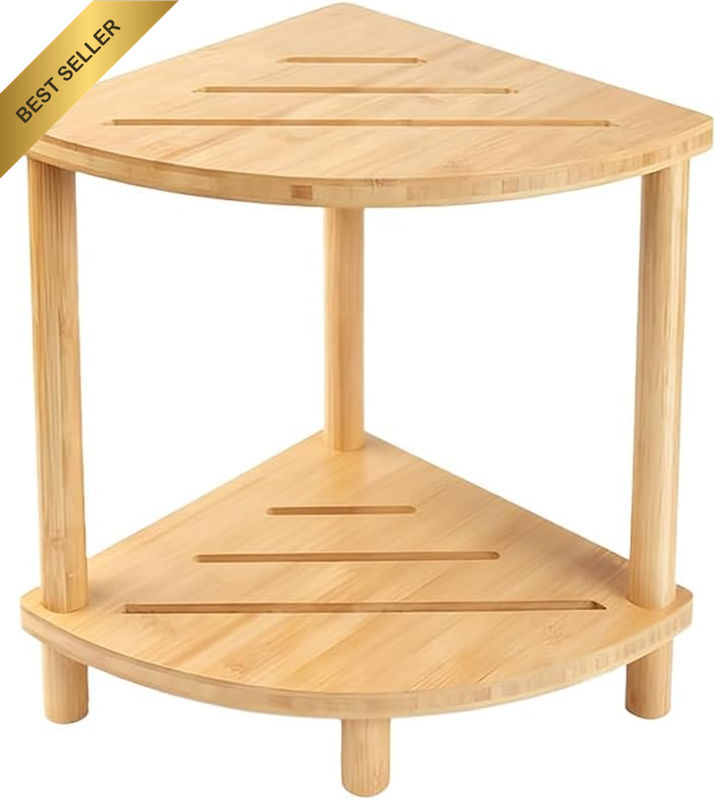Bamboo Shower Stool with Storage Shelf, Triangle Edge Design Small Bench, 2-Tier