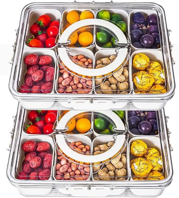 Clear 8 Grid Salad Box with Lid, Divided Clear Snacks Box with Lids and Handle,