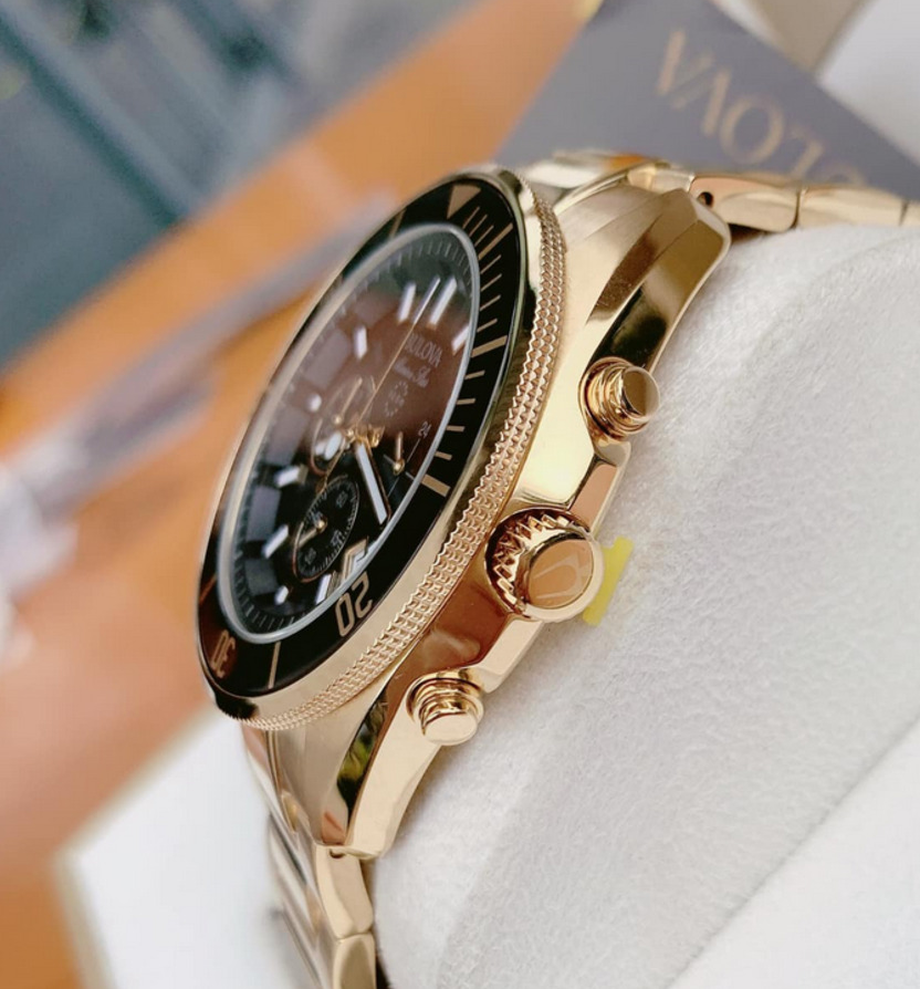 Pre-owned Bulova Marine Star Gold Tone Men's Black Dial Chronograph Watch 98b250