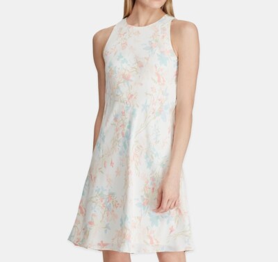 Ralph Lauren Womens 10 Cream Coral Floral Print Sleeveless Lined ALine Dress NWT