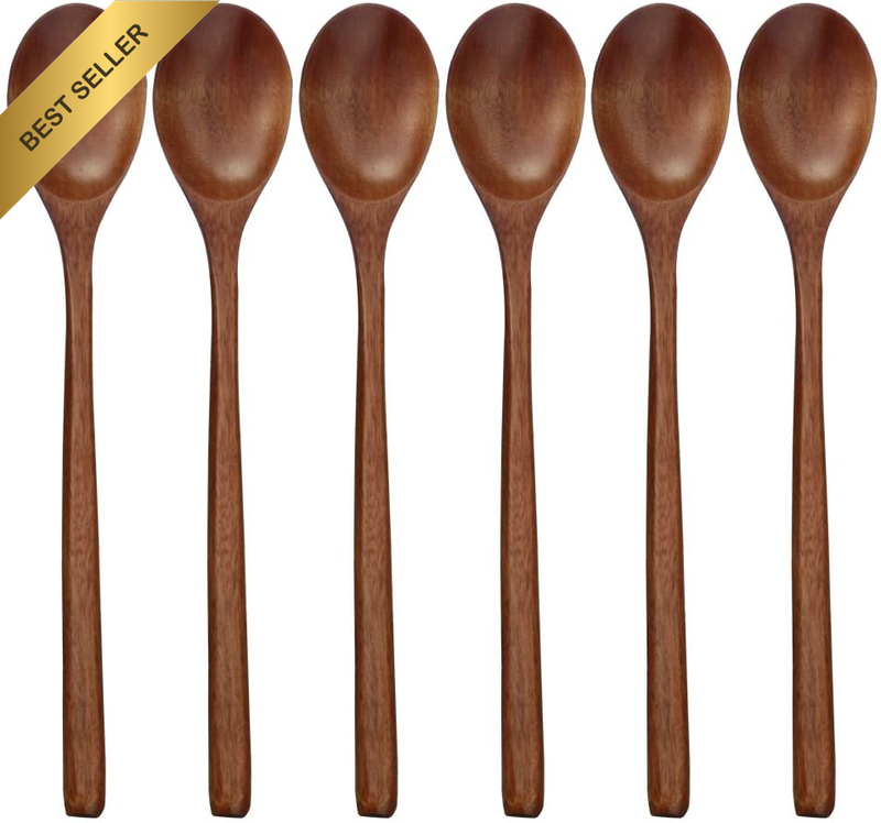 Wooden Spoons, 6 Pieces Wood Soup Spoons for Eating Mixing Stirring Cooking, Lon