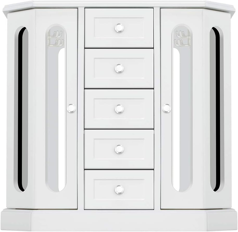 Jewelry Box - Made of Solid Wood with Cabinet Type 5 Drawers Organizer and 2 Separated Open Doors on 2 Sides and Large Mirror White