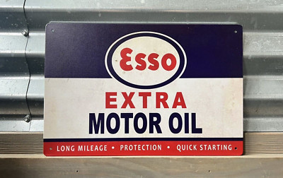 LIGHT DISTRESSED LOOK ESSO EXTRA MOTOR OIL LONG MILEAGE PROTECTION - SIGN 8''X12''