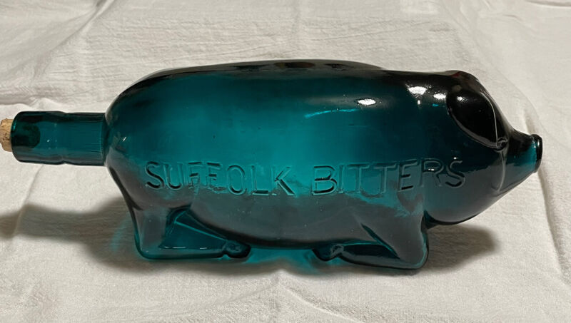 Vintage Suffolk Bitters Pig Americas Life Preserver Repro Bottle Dark Teal 1970s