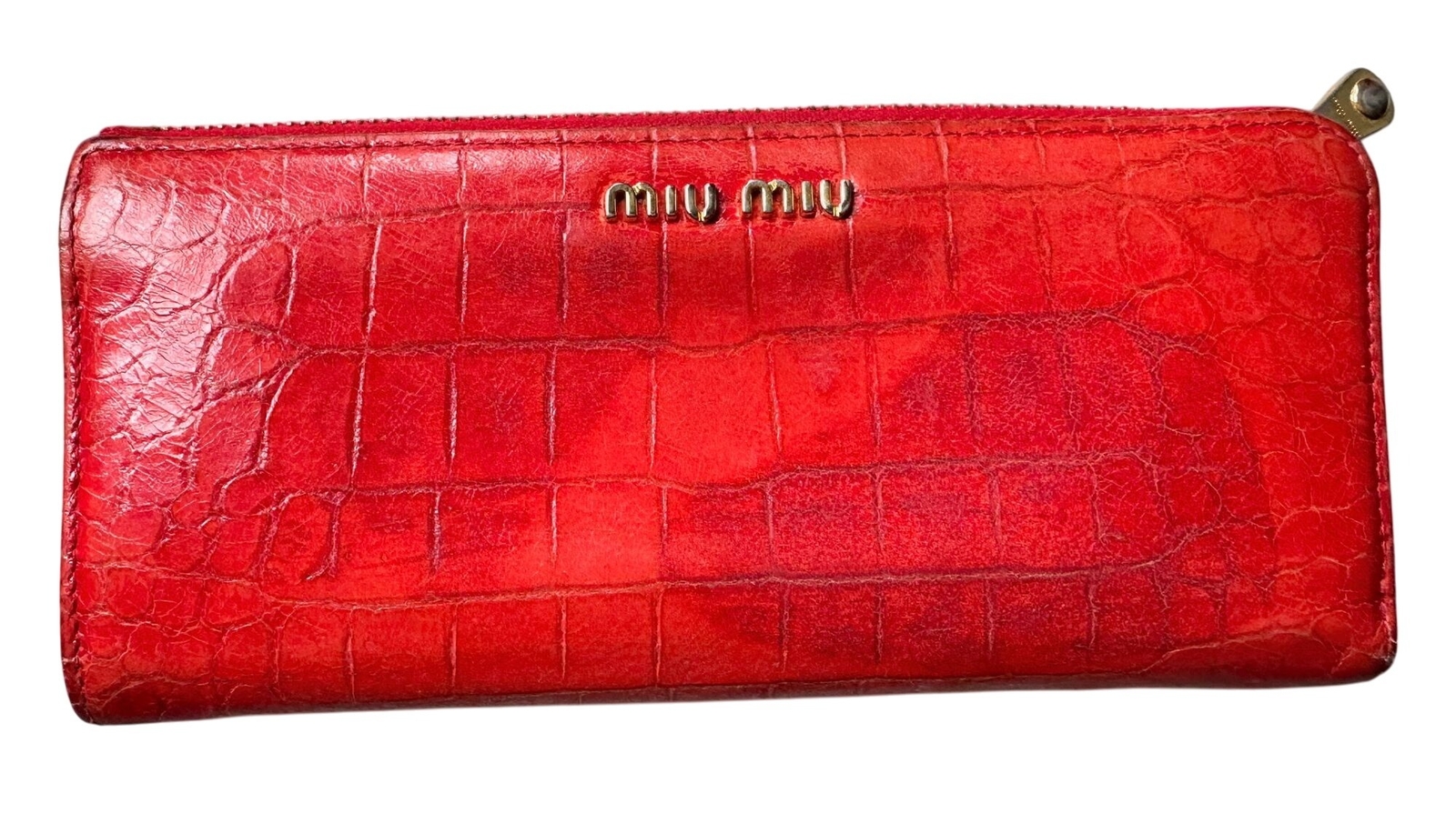 【❤︎】MIU MIU Leather Wallet Miu Miu Red Croc Embossed Leather Zip Around Wallet with Box