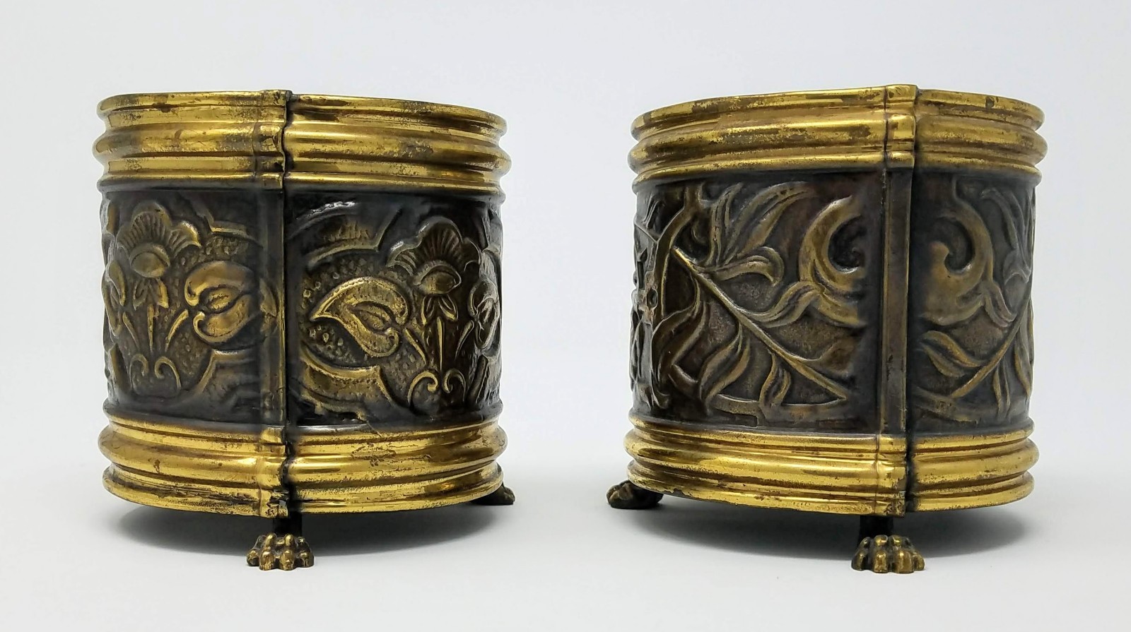 Antique - Hand Embossed Copper Planter x2 - Repousse Brass Bin - Made in Belgium