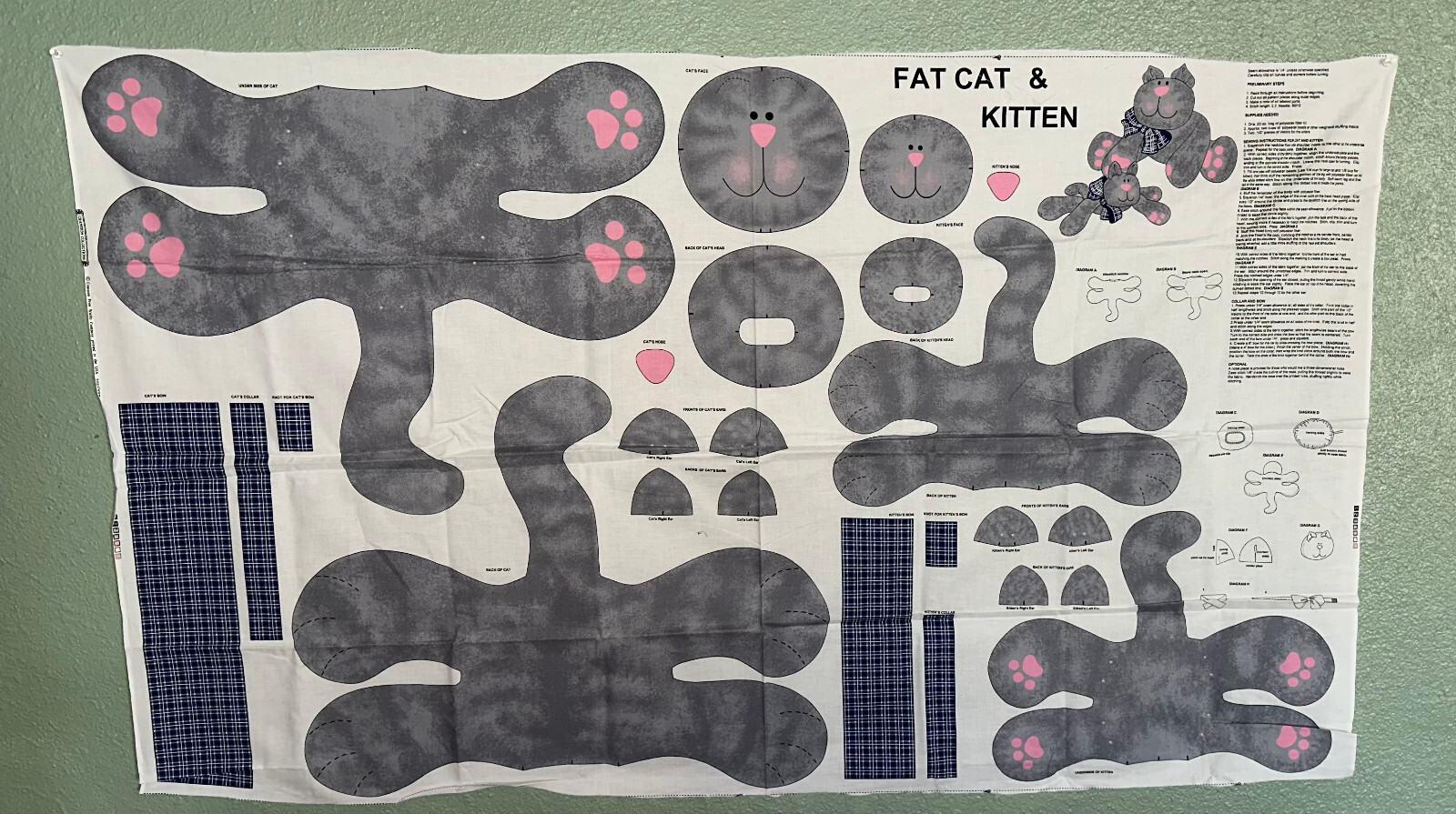 Fat Cat & Kitten Floppy Stuffed Animal Cut & Sew Cotton Fabric Panel Cranston