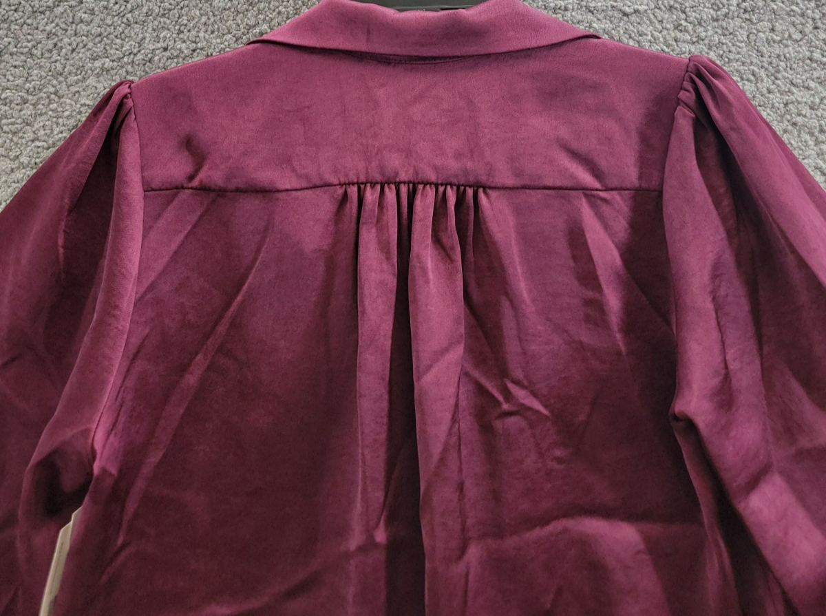 Karen Kane Shirred Blouse Women's S Wine Solid Collared Long Sleeve Button Front - Picture 11 of 15