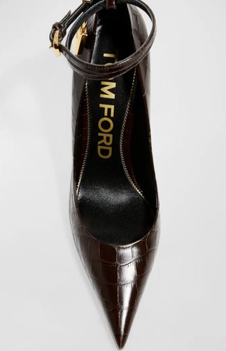 Pre-owned Tom Ford $1290  Lock 105mm Croco Ankle-strap Shoes Chocolate 9 Us/39 Eu In Brown