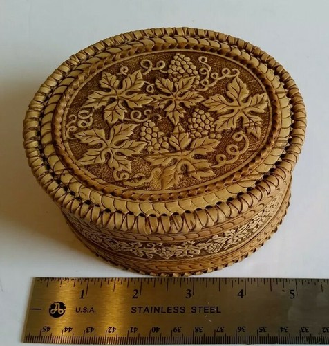 Handcrafted Russian Birch Bark Grape Vine Leaf Decorated Jewelry Or Trinket Box