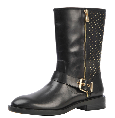 Pre-owned Steve Madden Womens Zain Studded Leather Boot Size-6 Color-black/gold