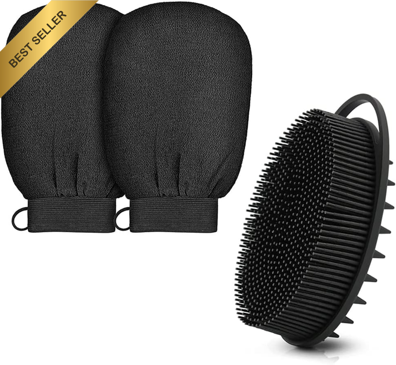 Shower Scrubber Set, 2 Pieces Bath Gloves Scrubbing Exfoliator and 1 Pieces Sili
