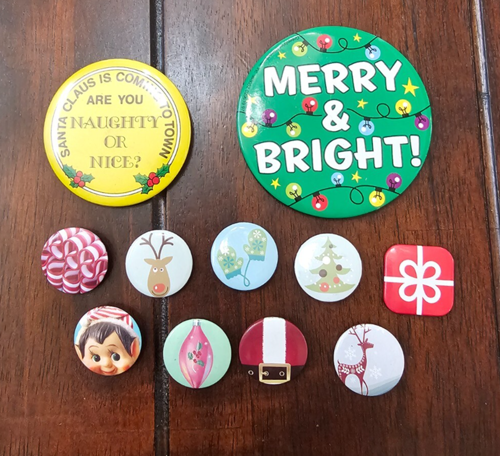 Christmas Themed Pinback Button Lot Elf Reindeer Tree Santa Claus