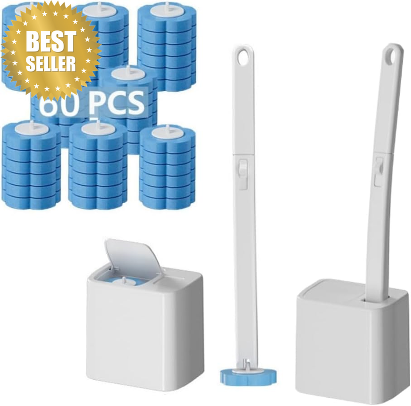 2 Pack Disposable Toilet Brush with Auto-Open Lid Holder, Extended Handle & 60 C