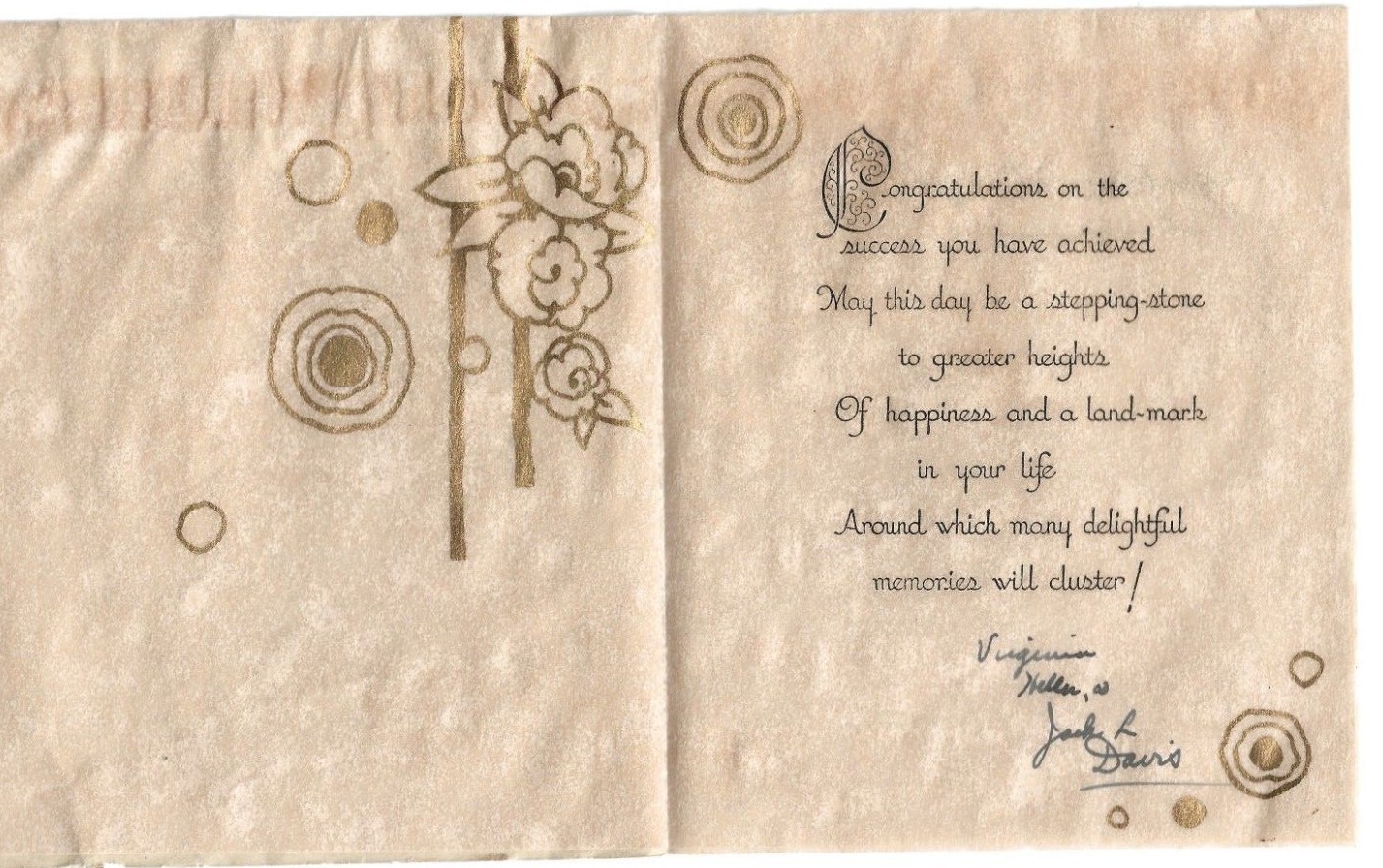 Vintage Graduation Greeting Card Ink Well Hand-Painted Parchment Stock Signed