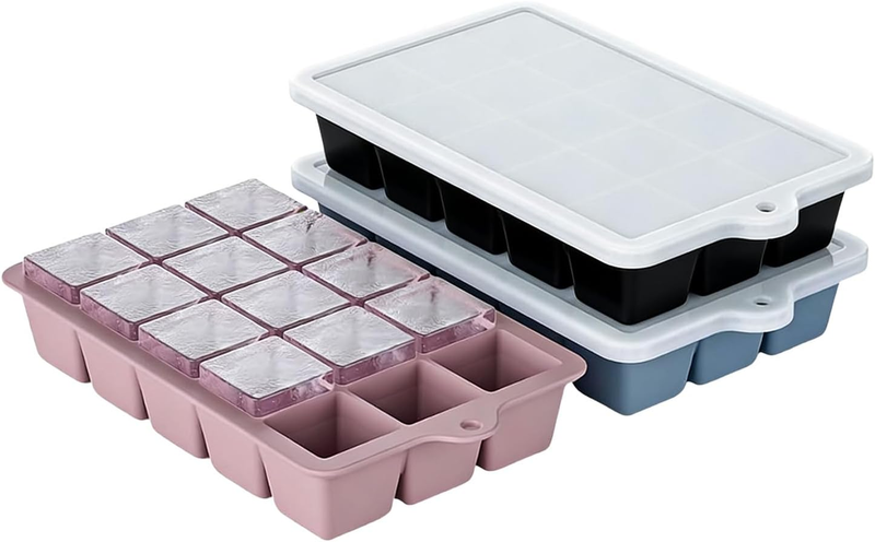 3 Pcs Silicone Ice Cube Tray with Lid, BPA Free Silicone Freezer Tray