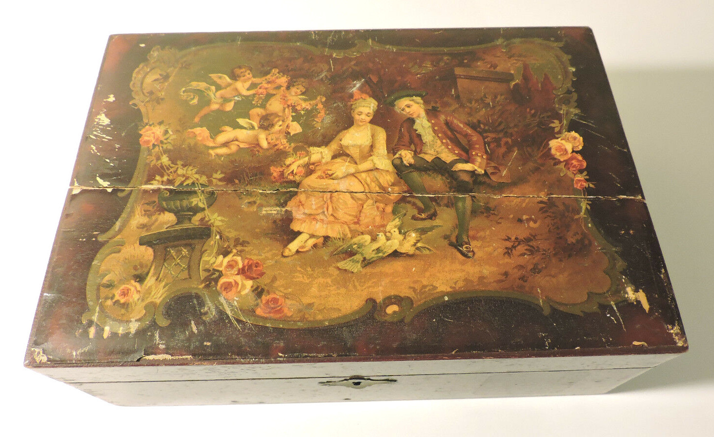 Vintage Ladies lap desk Wooden with Victorian scene on top brass latches 1900s