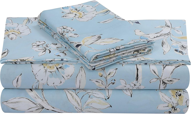 Queen Bed Sheet Set, 300 Thread Count Soft Cotton Sateen, Floral Print with Extra Deep Pockets, 4-Piece Bedding Set, Colmar Sky Blue/Multicolor