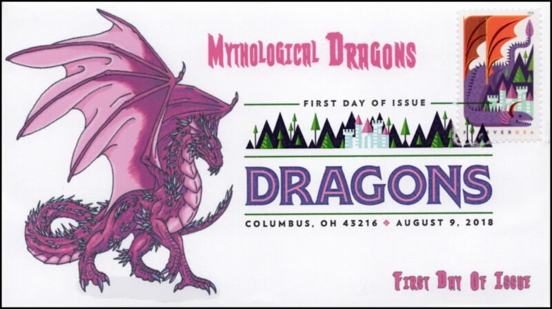 18-169, 2018, Dragons, First Day Cover, Digital Color Postmark, Purple Dragon