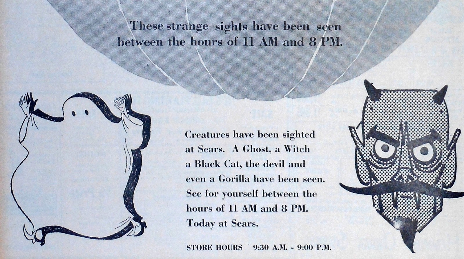 Sears Halloween ad page from 1971 w/ a Ghost, Witch, Black Cat, Devil & Gorilla