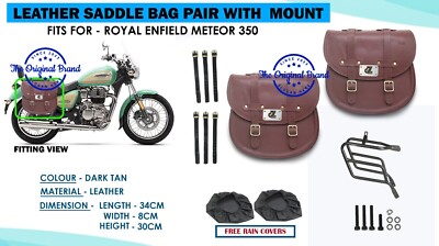 Royal Enfield ''Dark Tan Leather Saddle bag Pair With Mount Fit For Meteor 350''