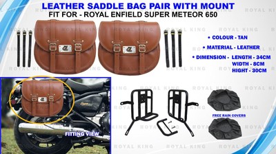 Royal Enfield ''Tan Leather Saddle Bag With Mount Fit For Super Meteor 650''