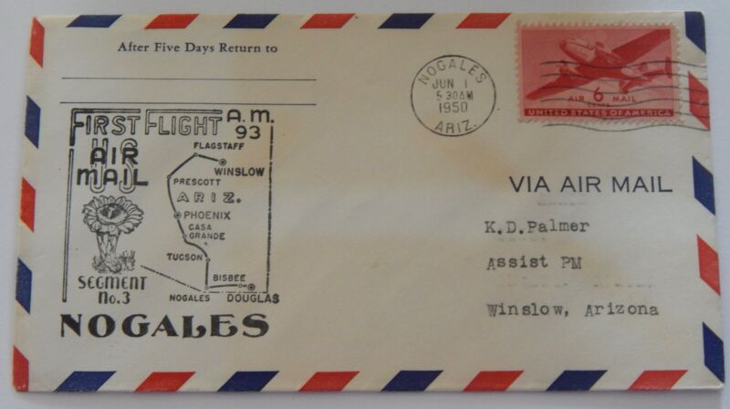 Nogales to Douglas Arizona June 1 1950 first flight airmail