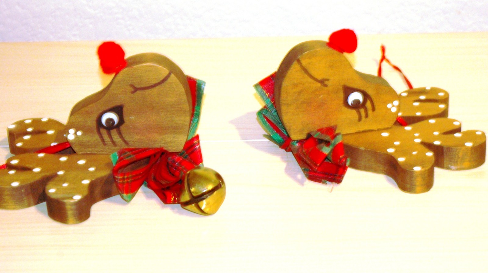 Vintage Pair of Handcrafted Wood Reindeer Christmas Ornaments, with Bows & Bells