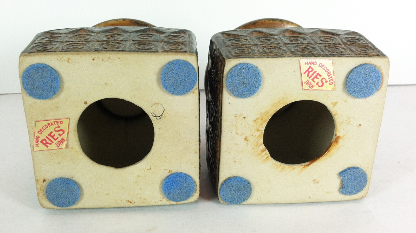 Vintage Candle Holders Pair Ries Japan Mid Century Brown Embossed Ceramic