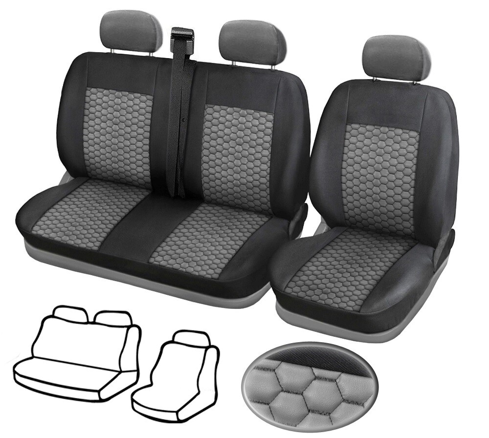 1+2 Sitzbezüge aus Öko-Leder für VW Transporter T5 (03-15) Schwarz/Grau Nou