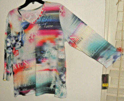 NWT Allison Daley~Art2Wear~Sequin Paris Je T'aime Eiffel V-N Vibrant Shirt ~ L