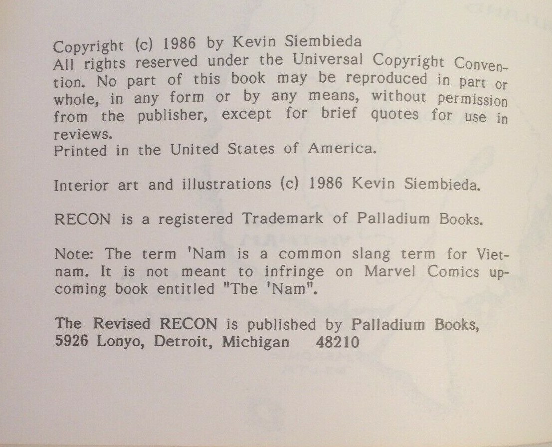 Vietnam Role-Playing Game REVISED RECON Jungle Military Combat Palladium 1986