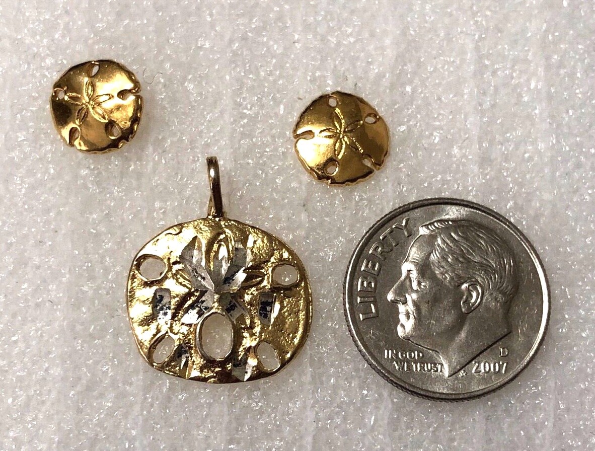 14K over Sterling Silver Vermeil Sand Dollar Pendant & Post Pierced Earrings