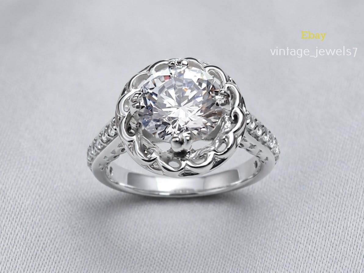 Round Cut 1.96CT Lab Created Diamond Filigree Halo Engagement Ring 14K Gold Over