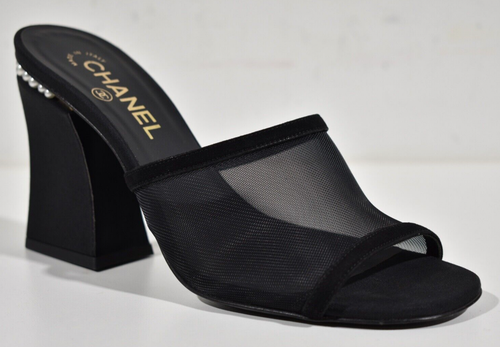 Pre-owned Chanel 22a Black Mesh Pearl Cc Logo Block Heel Backless Mule Sandal Pump 41